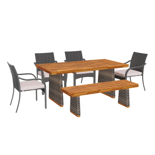 English Elm Christopher Knight Home® - Outdoor Acacia Wood Dining Set With Stackable Pe Rattan Chairs & Bench - Stylish Patio Essential N773OD00048G