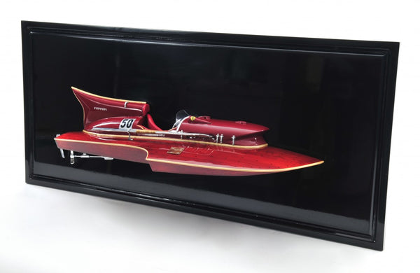Homeroots 16" Black And Red Ferrari Hydroplane Half Hull Boat Hand Painted Decorative Boat  Solid Wood 401901