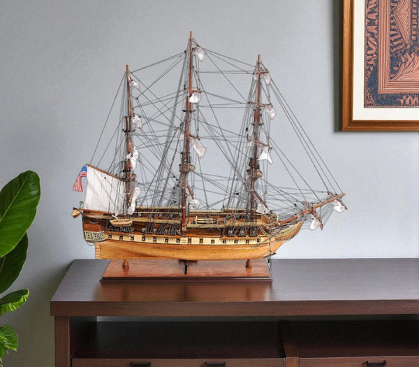 32 Inch Handcrafted Solid Wood Sailboat Replica for Coastal Nautical Home Decor Display