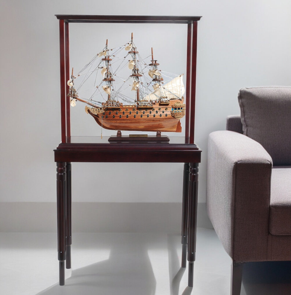 Homeroots 50" Wood Brown Solid Wood Hand Painted Model Boat Tabletop Sculpture  Solid Wood 401923