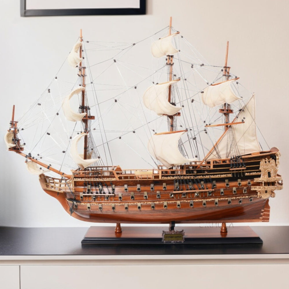 Homeroots 32" Wood Brown Solid Wood Hand Painted St. Espirit Model Boat  Solid Wood 401924