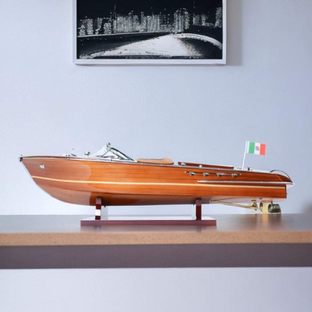 Homeroots 7" Wood Brown Solid Wood Hand Painted Riva Aqurama Medium Speedboat Model Boat  Solid Wood 401945