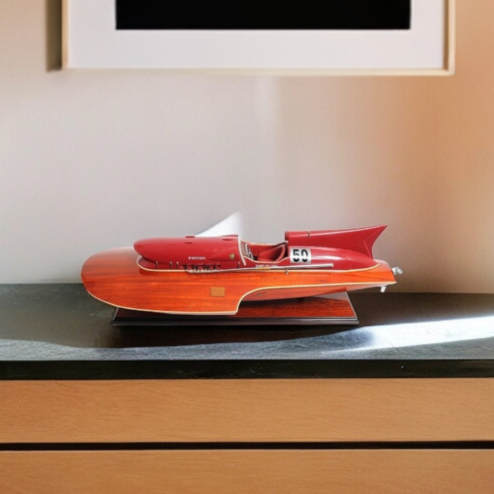HomeRoots 10" Solid Wood Hand-Painted Ferrari Hydroplane Model Boat – Vintage Racing Elegance for Decor! 401947