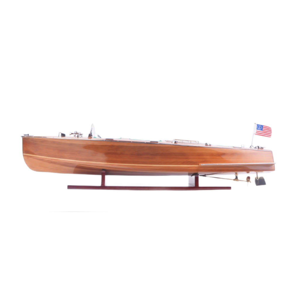 Homeroots 9" Wood Brown Solid Wood Hand Painted C1928 Chris Craft Triple Cockpit Large Model Boat  Solid Wood 401956