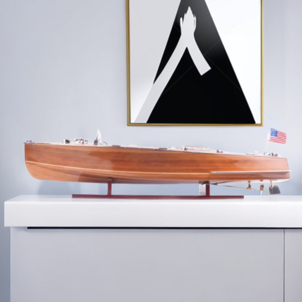 Homeroots 9" Wood Brown Solid Wood Hand Painted C1928 Chris Craft Triple Cockpit Large Model Boat  Solid Wood 401956