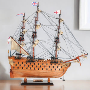 Homeroots 18" Wood Brown Hms Victory Hand Painted Decorative Boat  Solid Wood 401964