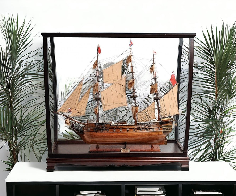 Homeroots 39" Wood Brown Hms Surprise 1796 Table Top Display Case Hand Painted Model Boat  Solid Wood 401968