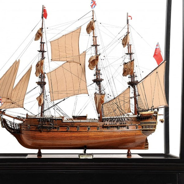 Homeroots 69" Wood Brown Solid Wood Hand Painted Hms Surprise 1796 Large Floor Display Case Model Boat  Solid Wood 401969