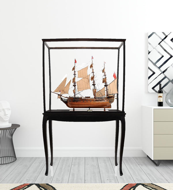 Homeroots 69" Wood Brown Solid Wood Hand Painted Hms Surprise 1796 Large Floor Display Case Model Boat  Solid Wood 401969