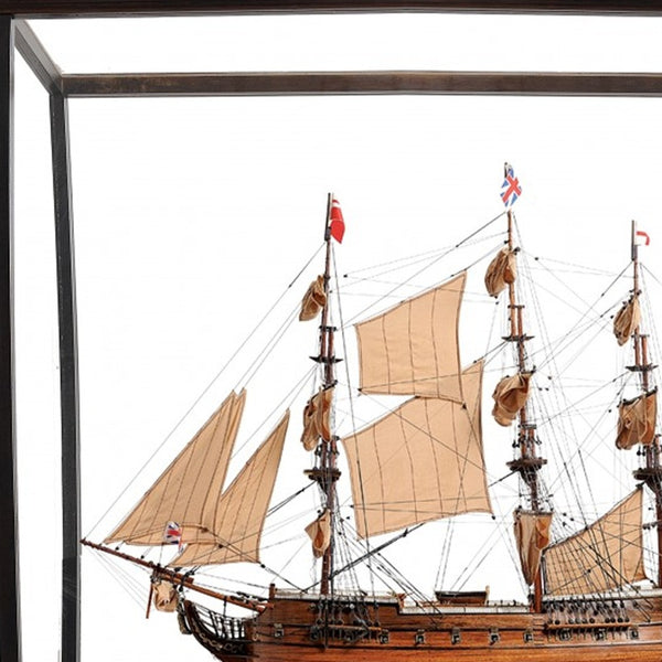 Homeroots 69" Wood Brown Solid Wood Hand Painted Hms Surprise 1796 Large Floor Display Case Model Boat  Solid Wood 401969