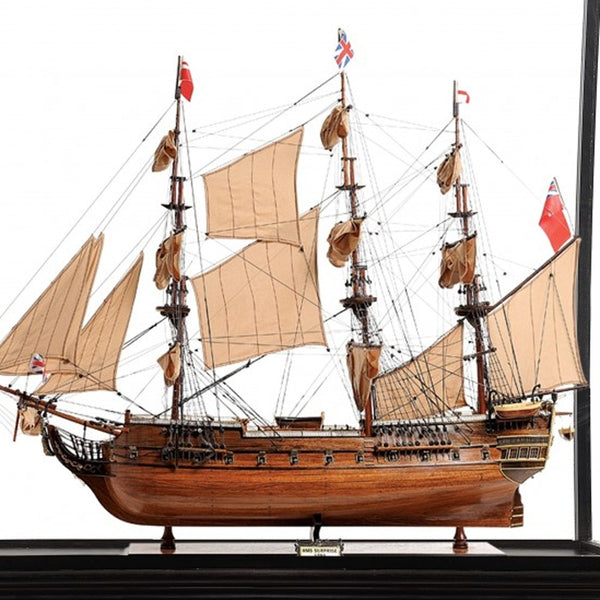 Homeroots 69" Wood Brown Solid Wood Hand Painted Hms Surprise 1796 Large Floor Display Case Model Boat  Solid Wood 401969