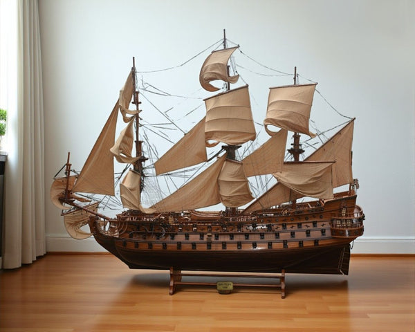 130 Inch Handcrafted Solid Wood Decorative Sailing Vessel Nautical Coastal Home Accent