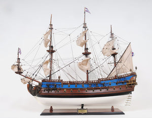 Homeroots 33" Blue And Brown 1700 Goto Predestination Hand Painted Decorative Boat  Solid Wood 401974