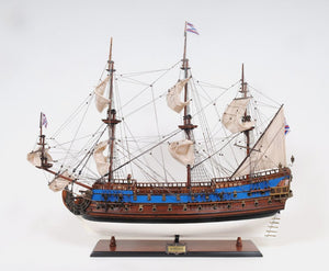 Homeroots 33" Blue And Brown 1700 Goto Predestination Hand Painted Decorative Boat  Solid Wood 401974