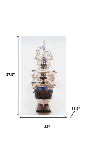 Homeroots 33" Blue And Brown 1700 Goto Predestination Hand Painted Decorative Boat  Solid Wood 401974