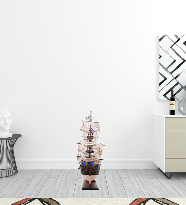 Homeroots 33" Blue And Brown 1700 Goto Predestination Hand Painted Decorative Boat  Solid Wood 401974