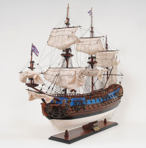 Homeroots 33" Blue And Brown 1700 Goto Predestination Hand Painted Decorative Boat  Solid Wood 401974