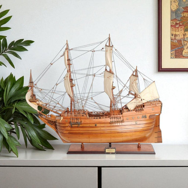 32 Inch Handcrafted Solid Wood Sailboat Replica for Coastal Nautical Home Decor Display