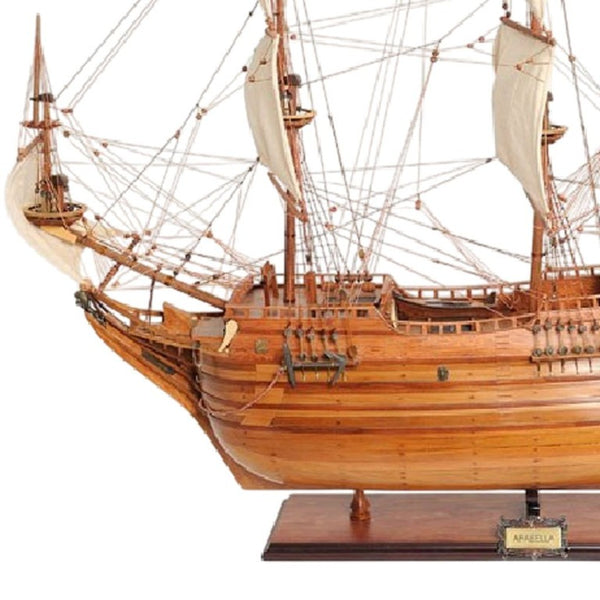 32 Inch Handcrafted Solid Wood Sailboat Replica for Coastal Nautical Home Decor Display