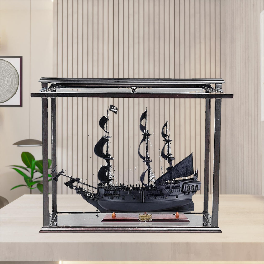 Homeroots 30" Black Solid Wood Hand Painted Black Pearl Pirate Medium Open Display Case Model Boat  Solid Wood 401984