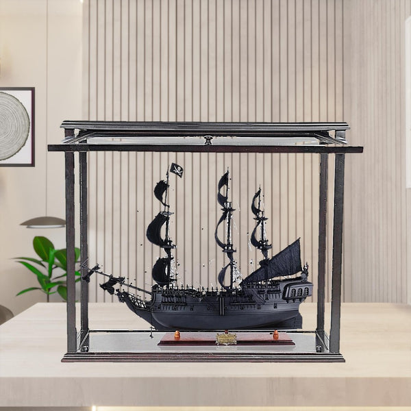 HomeRoots 30" Black Pearl Pirate Ship Model – Hand-Painted Solid Wood Display Case for Nautical Décor Lovers 401984
