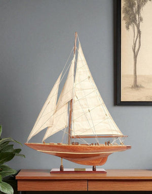 32 Inch Handcrafted Solid Wood Sailboat Replica for Coastal Nautical Home Decor Display
