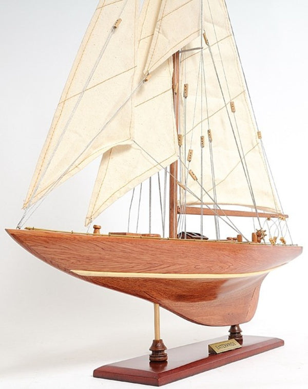 32 Inch Handcrafted Solid Wood Sailboat Replica for Coastal Nautical Home Decor Display