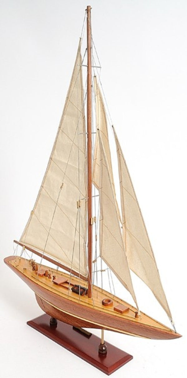 32 Inch Handcrafted Solid Wood Sailboat Replica for Coastal Nautical Home Decor Display