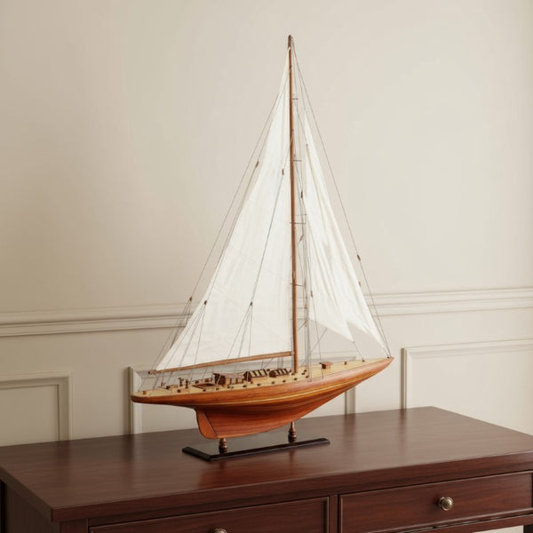 49 Inch Artisan Crafted Solid Wood Sailboat Sculpture Coastal Nautical Home Decor