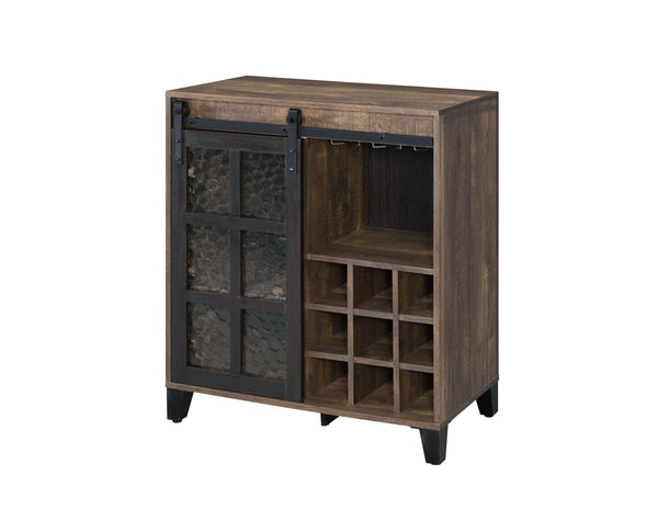 English Elm Treju Rustic Oak & Black Wine Cabinet with Obscure Glass Door, Adjustable Shelves & Stemware Rack B2726P268770