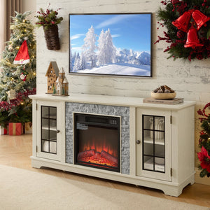 English Elm 58" Modern TV Stand with 18" Electric Fireplace, Faux Stone Mantel, Ample Storage & Cable Management for Living Room Comfort and Style White W2275S00025