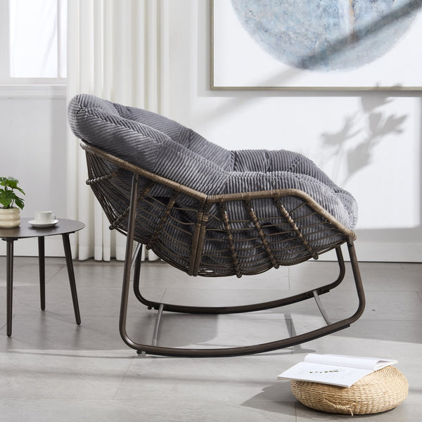 English Elm Outdoor Rattan Rocking Chair Oversized Hand-Woven Patio Egg Recliner with Plush Cushion Comfortably Rocking Grey W640P271518