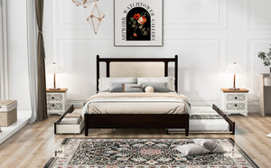 English Elm Queen Size Wooden Rattan Platform Bed With Spacious Storage Drawers & Twin Trundle In Espresso Finish N820S00002P-GIGA