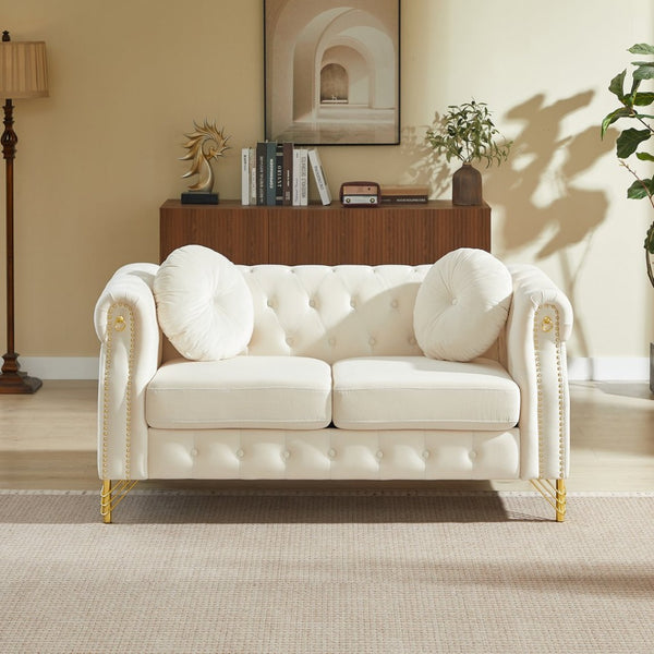 English Elm 60.5-inch Crushed Velvet Chesterfield Sofa Tufted Button Design with Copper Stud Trim Beige W834S00620