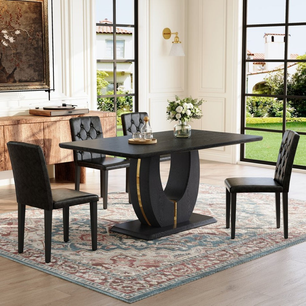 English Elm Black Wood Grain Mdf Dining Set Seats Four with Pu Leather Buckle Chairs Modern W1151S04431