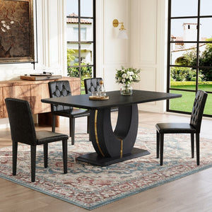 English Elm Black Wood Grain Mdf Dining Set Seats Four with Pu Leather Buckle Chairs Modern W1151S04431
