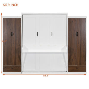English Elm Queen Murphy Wall Bed with Fold Down Desk Dual Wardrobes and Drawers in White LP000925AAK-1