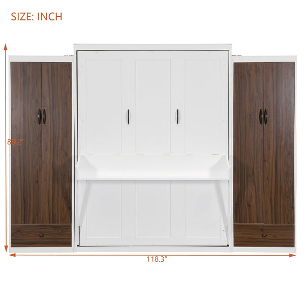 English Elm Queen Murphy Wall Bed with Fold Down Desk Dual Wardrobes and Drawers in White LP000925AAK-1