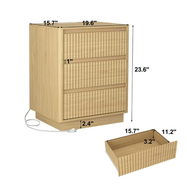 English Elm (set Set of 2 Modern End Tables with Usb-c Charging and Three Drawer Storage for Any Room Natural W409P414475