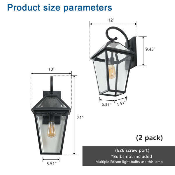 English Elm 21"(H) 2-Pack Outdoor Wall Lanterns Black Die-Cast Aluminum Clear Glass Farmhouse Sconces, Weatherproof W2312P368729