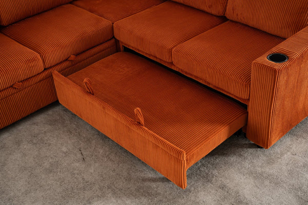 English Elm Sectional Corduroy Sleeper Sofa with Storage and Charging Ports for Small Spaces Orange W1361S00076
