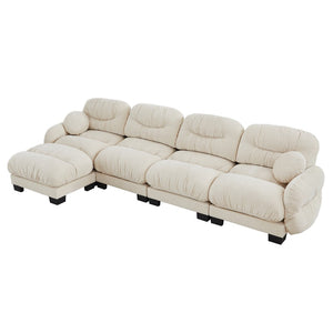 English Elm Pleated Chenille Sectional Sofa with Ottoman Ergonomic Foam Curved Armrests Living Room Beige W5656S00044