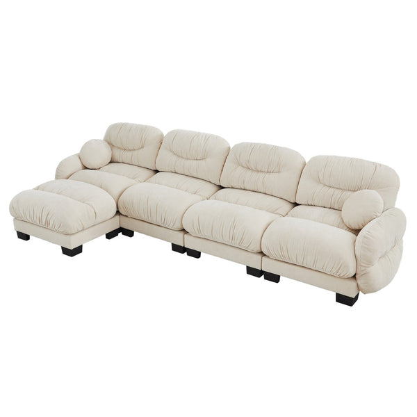 English Elm Pleated Chenille Sectional Sofa with Ottoman Ergonomic Foam Curved Armrests Living Room Beige W5656S00044