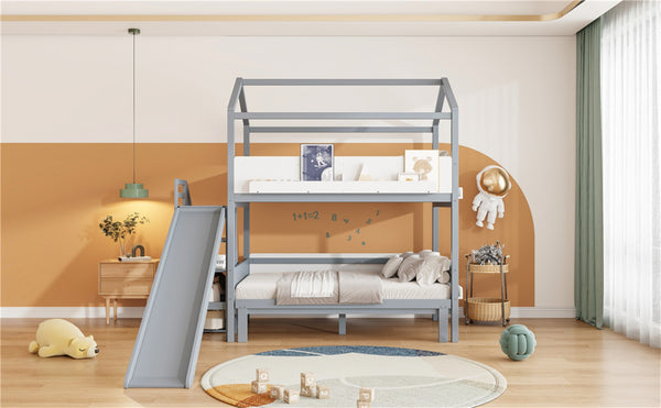 English Elm House-shaped Pine Bunk Bed with Built-in Slide Storage Staircase Twin Over Full Kids Frame Grey+White N820S00082E