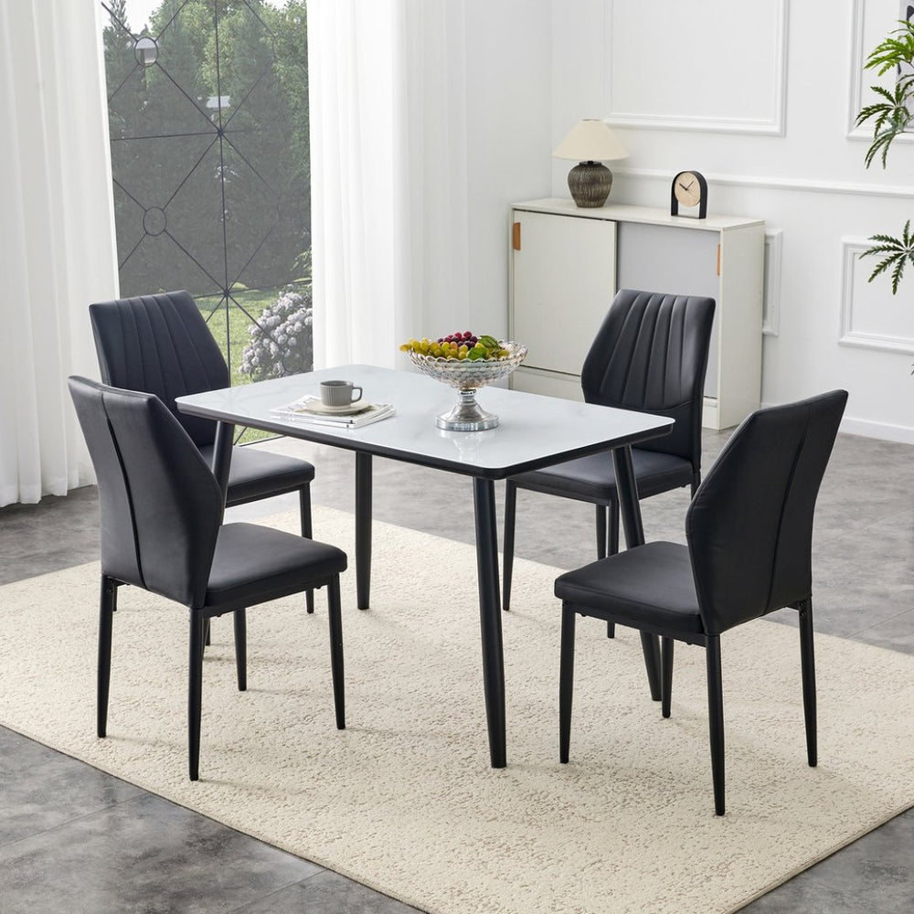 English Elm Table and Chair Set with Marble Glass Top Conical Legs and Four Pu Dining Seats W1151S04661