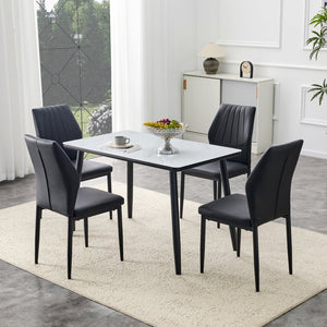 English Elm Table and Chair Set with Marble Glass Top Conical Legs and Four Pu Dining Seats W1151S04661