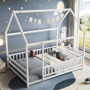 English Elm Twin Pine House Frame Floor Bed with Peaked Roof and Fence Guardrails for Kids White W1858P389981