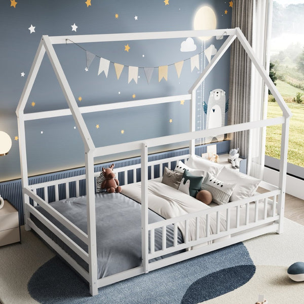 English Elm Twin Pine House Frame Floor Bed with Peaked Roof and Fence Guardrails for Kids White W1858P389981