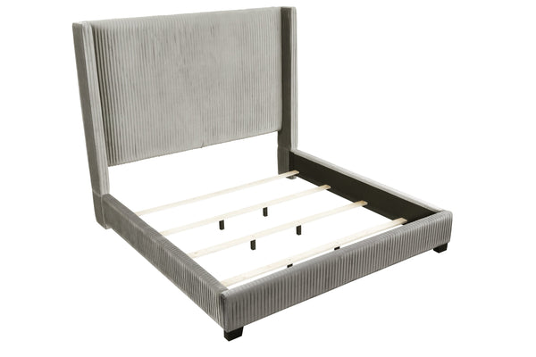English Elm Queen Upholstered Bed with Pleated Headboard and Sturdy Rails, Easy-Clean Polyester Fabric Design Light Gray 79.75 L x 53.75 W x 9.5 H B2699P208286