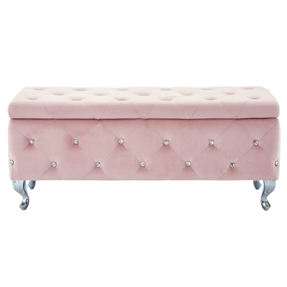 Worldwide Home Furnishings Monique-storage Ottoman - Luxurious Blush Velvet With Diamond Stitching & Hidden Storage Compartment Blush Pink,Chrome Velvet,Metal 402-130bsh